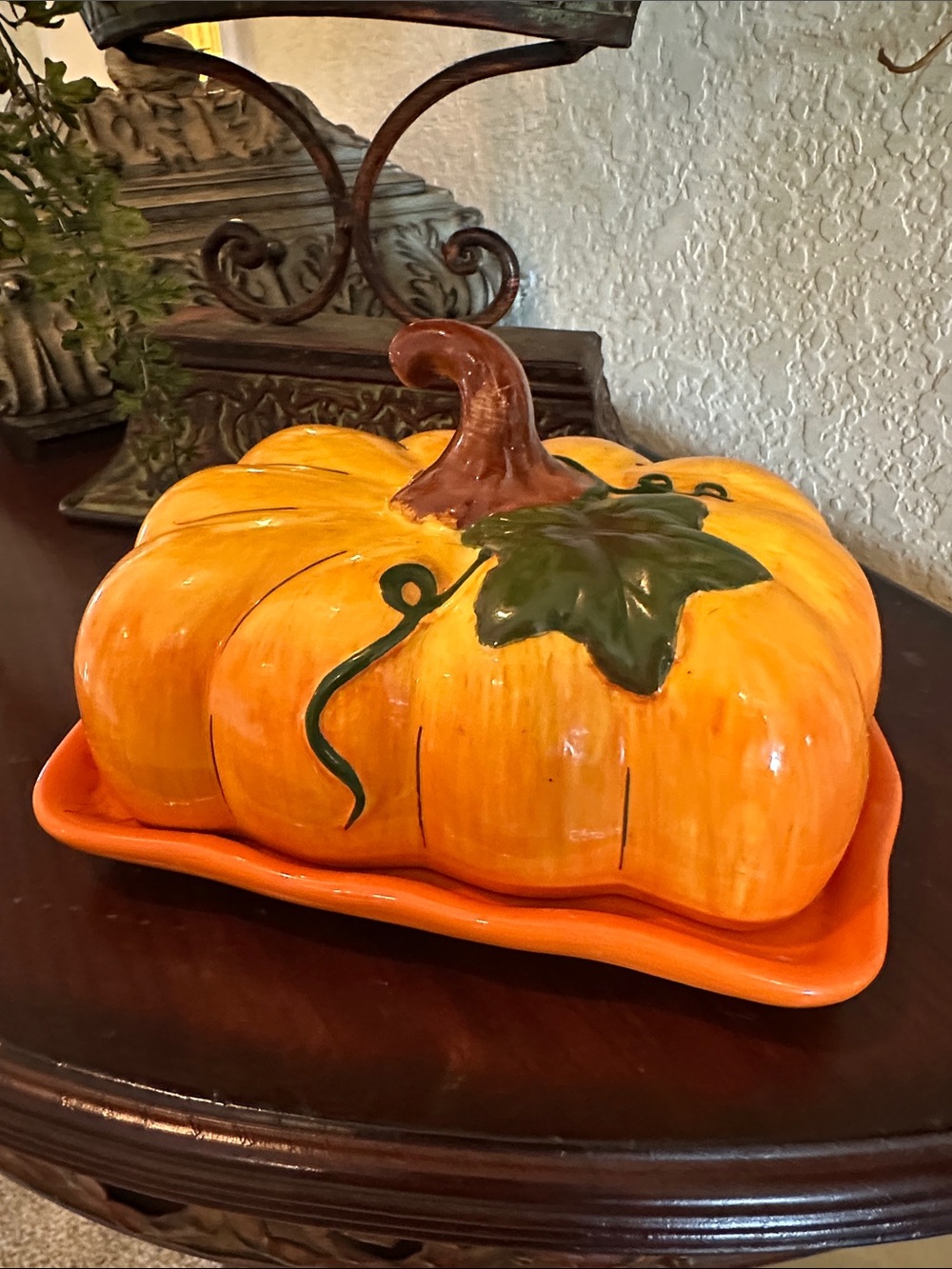 Blue Sky Orange Pumpkin Ceramic Covered Dish with Green Leaf